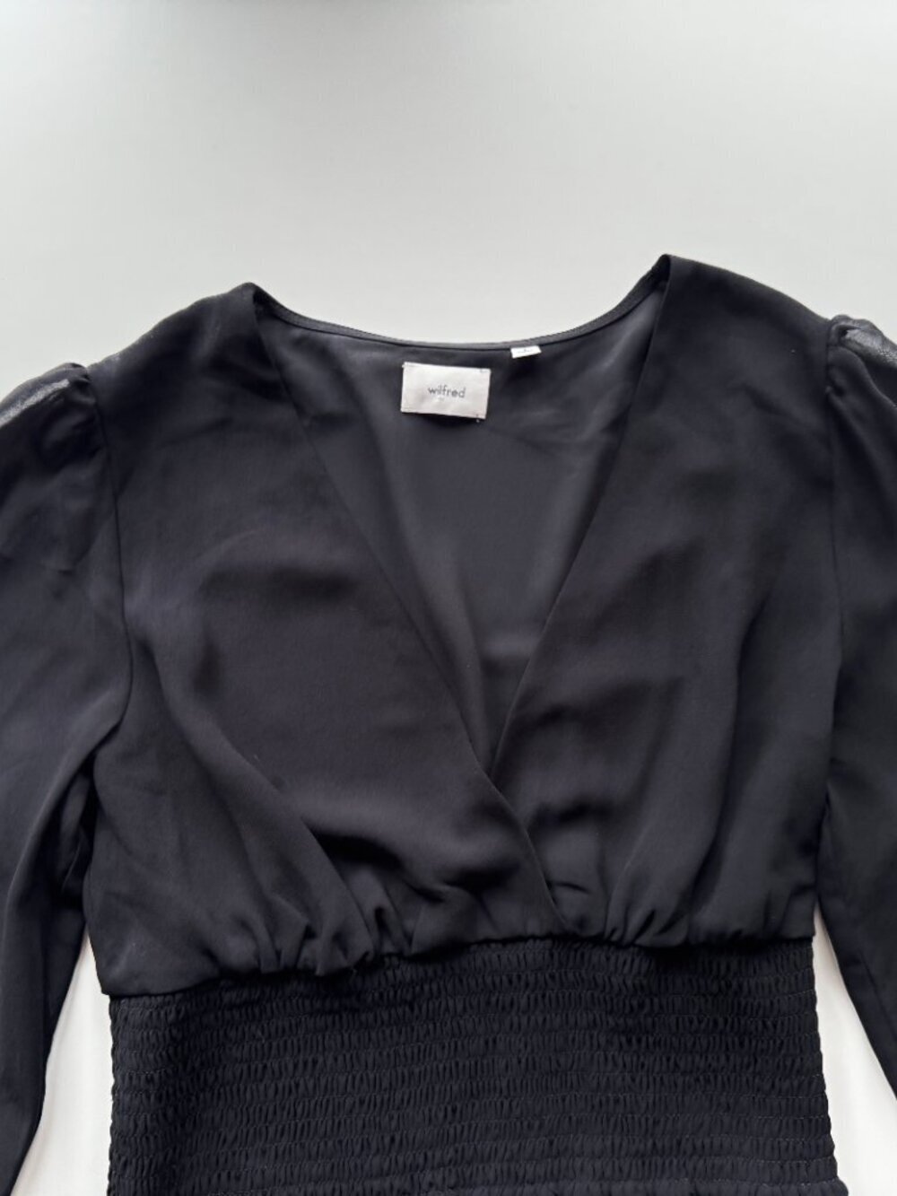 Aritzia WILFRED Wistful Black Chiffon Smocked Puff Sleeve V-Neck Blouse, Size S - Picture 7 of 14